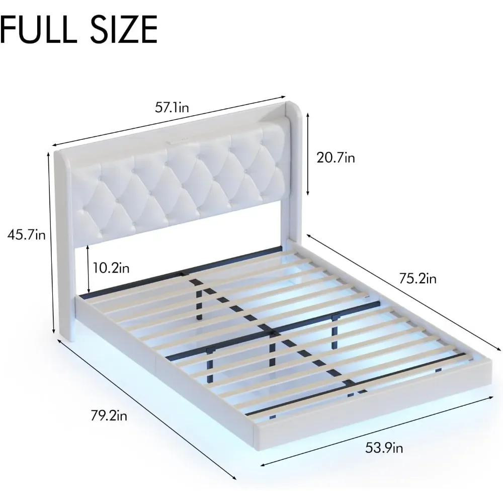 Full Size Bed Frame with LED Light, Charging Station, Button Tufted Headboard Storage, Upholstered PU Leather Floating Bed Frame