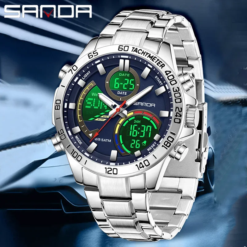 SANDA ساعة عسكرية فاخرة للرجال من الفولاذ المقاوم للصدأ مقاومة للماء ساعة منبه مضيئة كوارتز ساعة يد رقمية للرجال Relogios Masculino