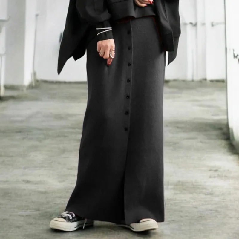 

Японская минималистичная вязаная макси-юбка для женщин, весна 2026, новая, с эластичной высокой талией, на пуговицах, с разрезом, длинная, шикарная, однотонная