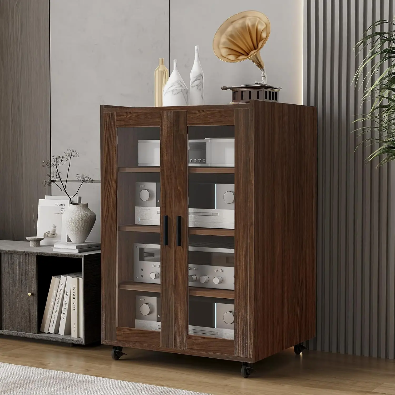 5 Tier Media Cabinet Glass Door Adjustable Shelves Storage Display Living Room Office, Customized