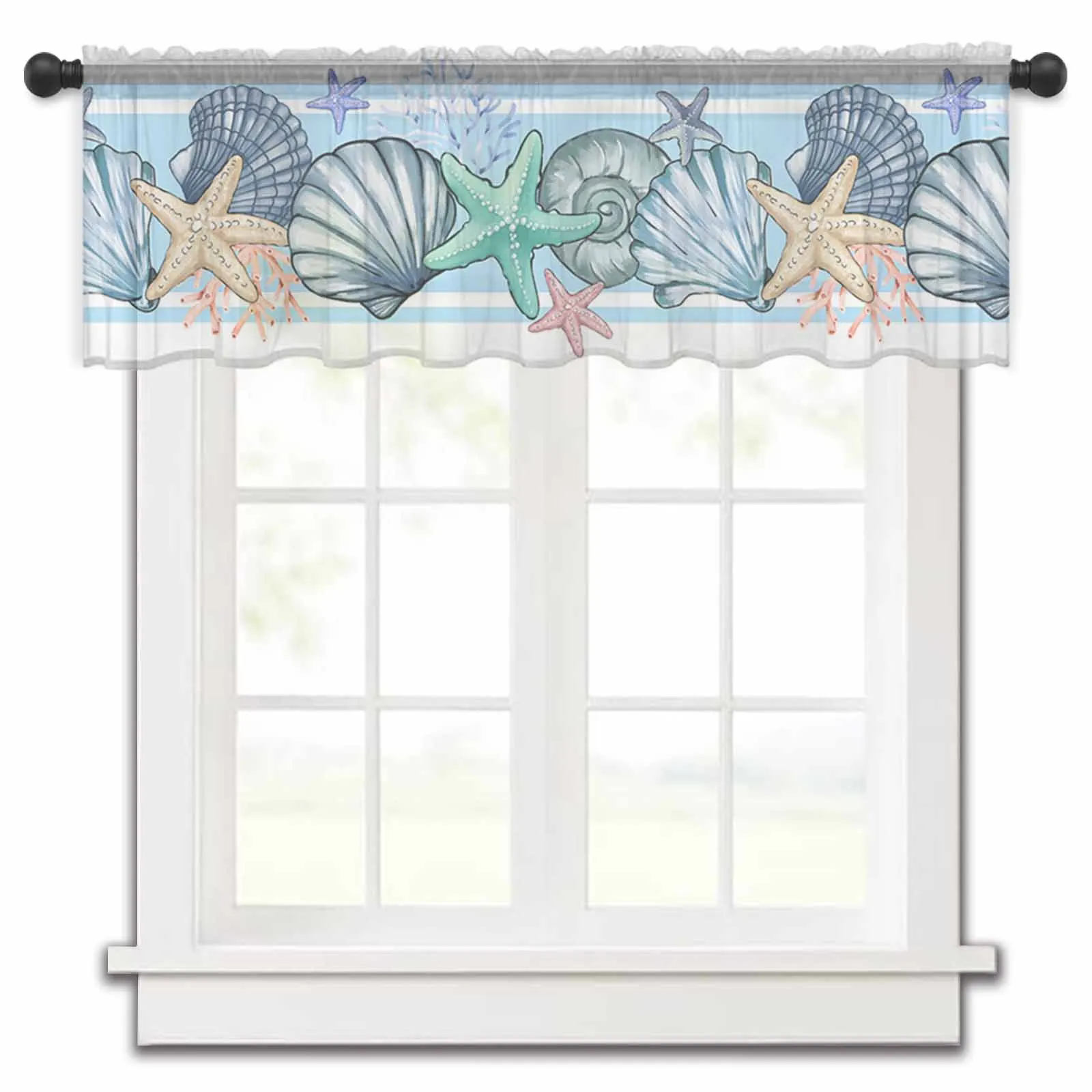 Ocean Summer Shell Starfish Coral Watercolor Kitchen Small Window Curtain Tulle Sheer Short Curtain Living Room Voile Drapes