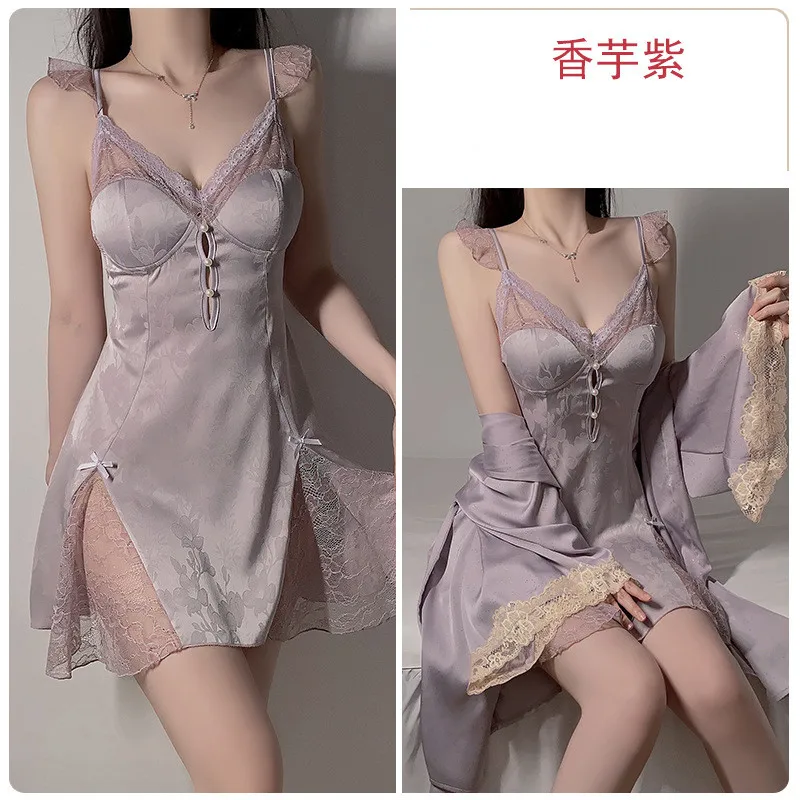 Summer Two Piece Rayon Robe Suit Women Nightgown Sleepwear Kimono Gown Set Femme Lace Nightwear Bathrobe image 6