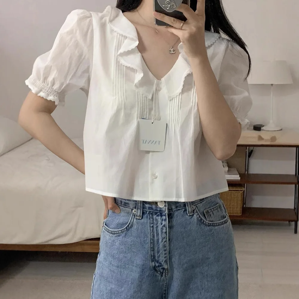 

Tannat Summer H25 Dongda Gate Casual Versatile Pure Cotton Ruffle Hem V-Ne White ort Sve Women's irt Loose Fit Regul...