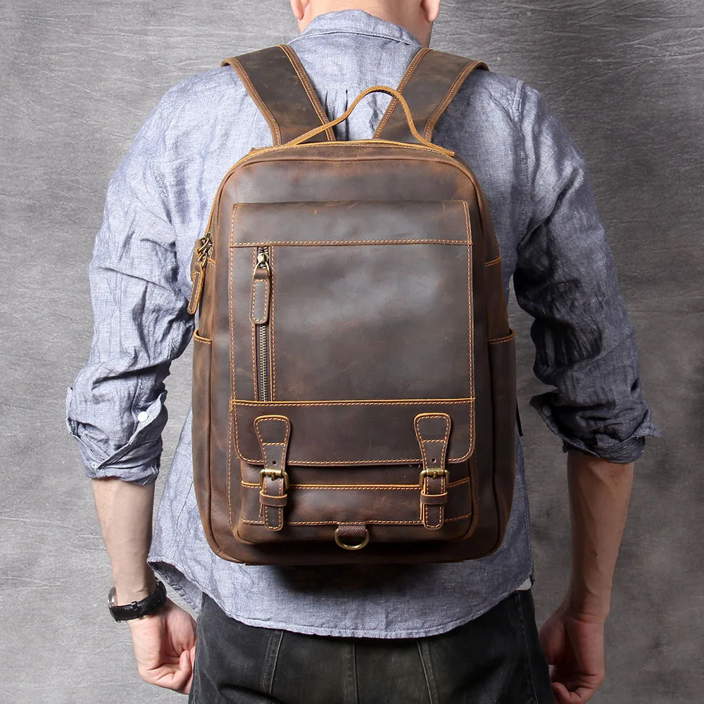 S.WORKER Vintage Echtleder Herrenrucksack Laptop-Tasche Casual Crazy-Horse Leder Schultasche Outdoor-Taschen – Detail 5