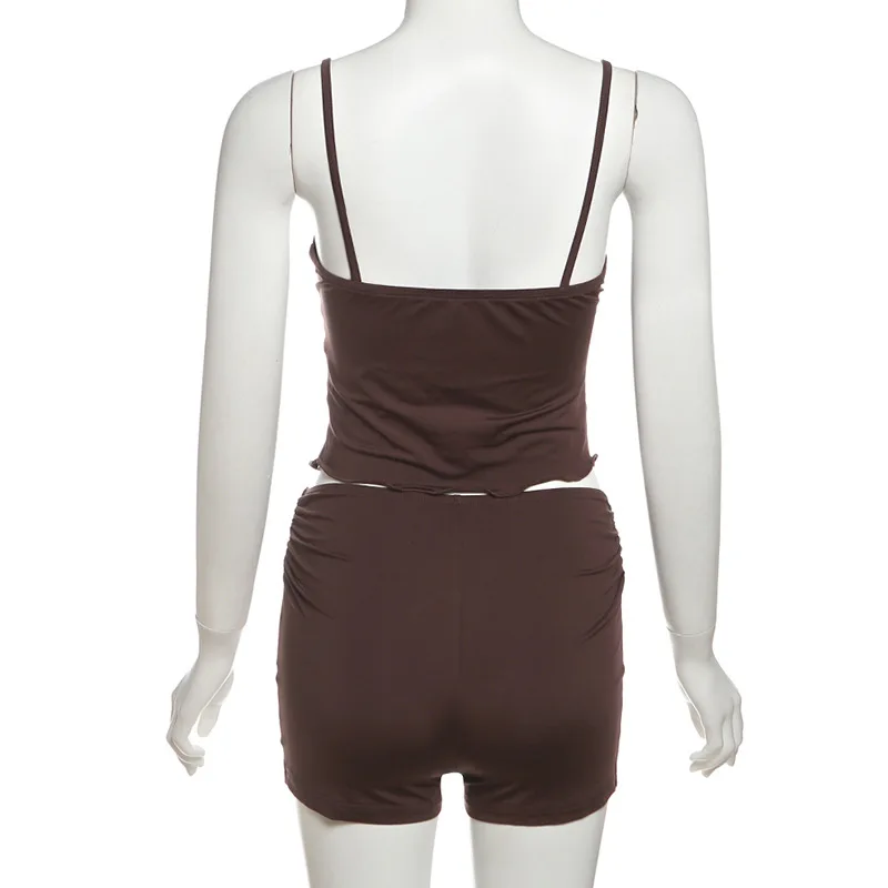 Women Sexy 2 Piece Set Solid V-neck Spaghetti Straps Backless Twist Ruffles Camisole Tops + Ruched Shorts Summer Holiday Suits