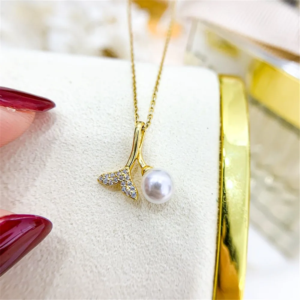 DIY Pearl Accessories S925 Sterling Silver Pendant Empty Gold Silver Fishtail Necklace Pendant Fit 6-8mm Circle D104