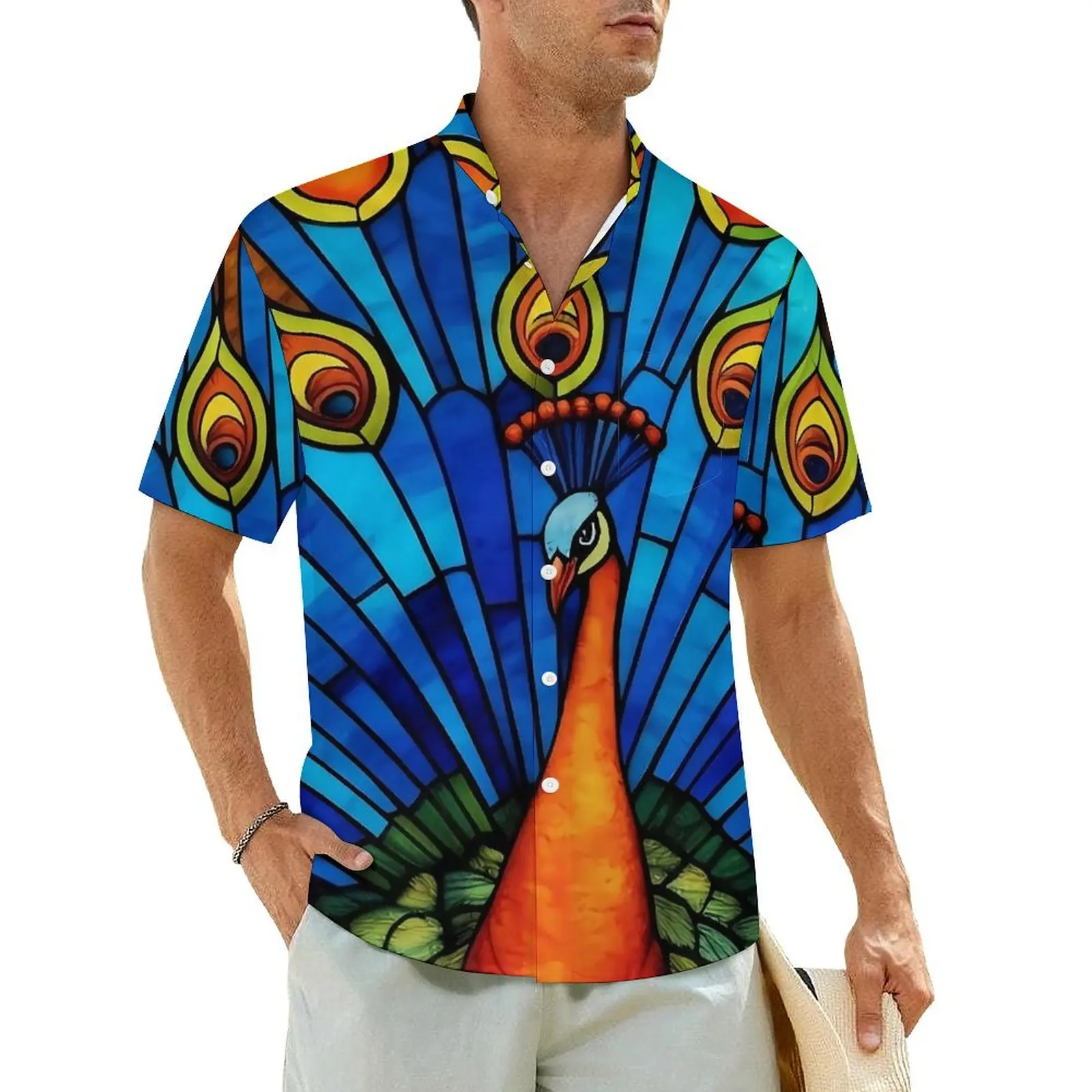 

Peacock Painting Beach Shirt Mens Stained Glass Elegant Casual Shirts Hawaiian Short Sleeve Fashion Custom Oversized Blouses