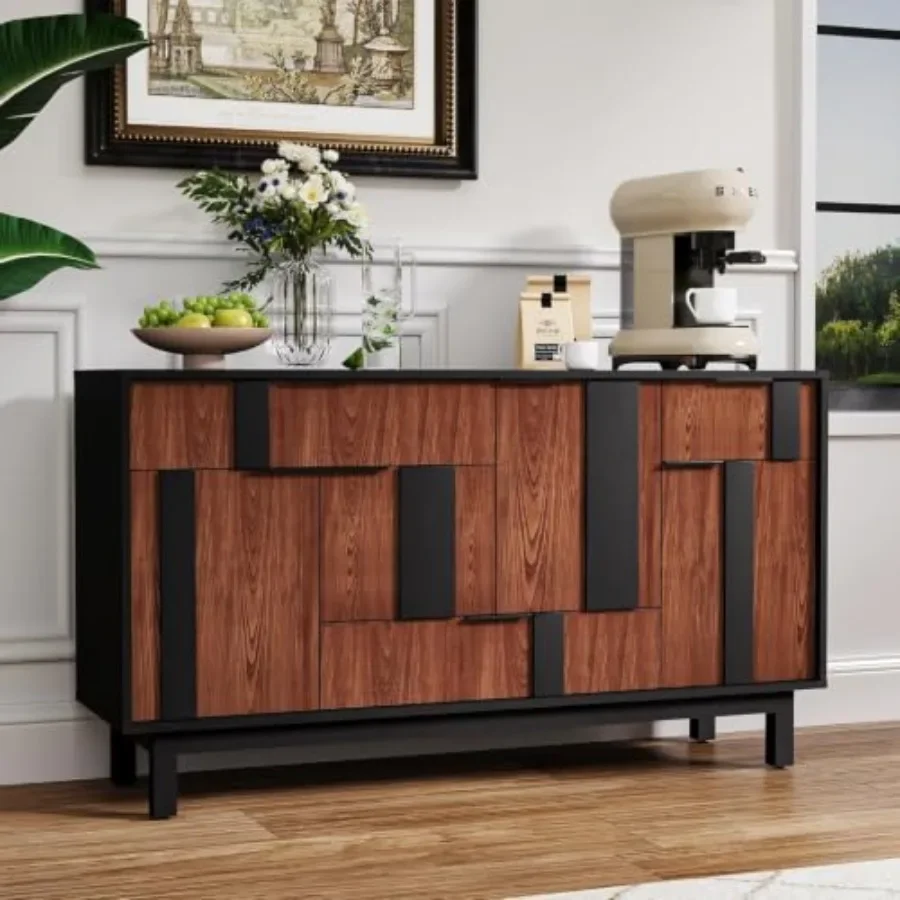 Living room and kitchen sideboard buffet cabinet with walnut finish, geometric decor doors, 3 drawers and 4 doors for modern co