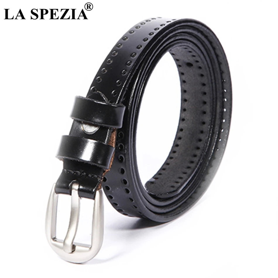 LA SPEZIA White Belt Women Real Leather Chain Pin Buckle Belt Female Classic Genuine Leather Cowhide Ladies Thin Belt With Holes