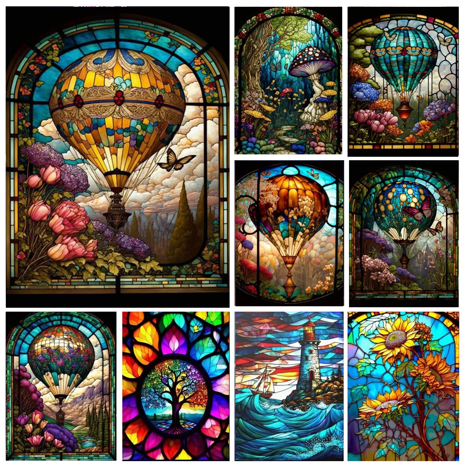 DIY 5D Diamond Painting Stained Glass Hot Air Balloon Diamond Embroidery Fantasy Mushroom Mosaic Cross Stitch Home Decor G200