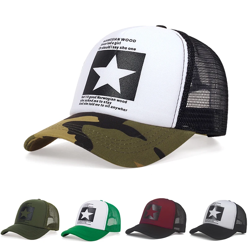 New Fashion Five Pointed Star Pattern Printed Trendy Men's and Women's Universal Hip Hop Mesh Breathable Baseball Hat Truck Caps