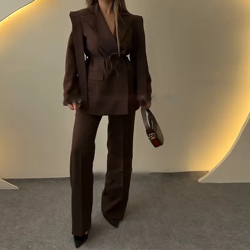 

Woman Clothes New Outerwear 2025 New Autumn Solid Color Large Lapel Loose Solid Color Lace-up Waist Short Suit Jacket Women Coat