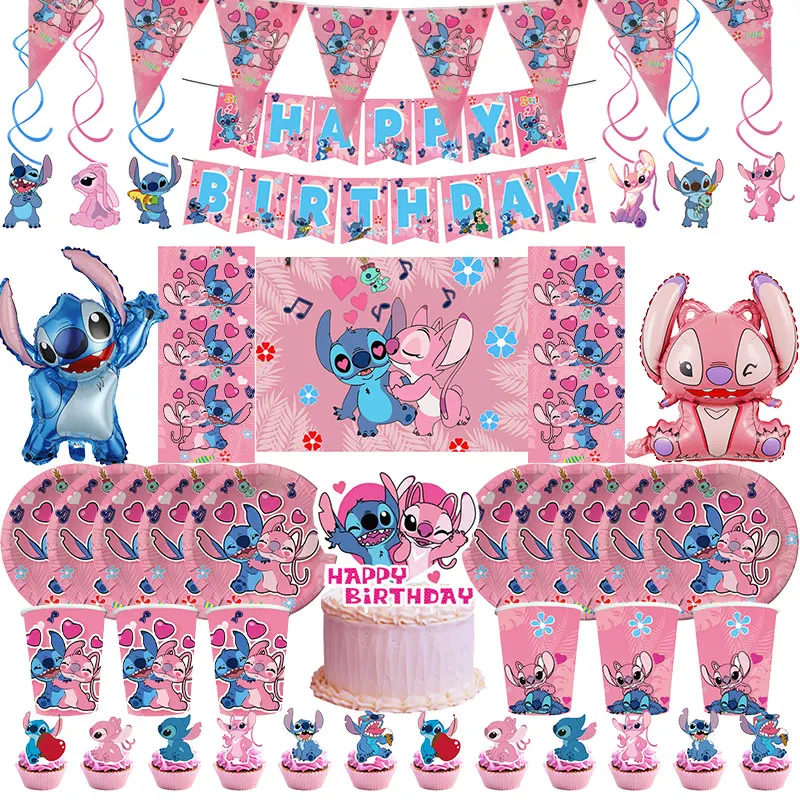 Disney Pink Lilo And Stitch Angel Birthday Party Decoration Tableware Cup Plate Angel Birthday Supplies Balloon Banner Backdrop