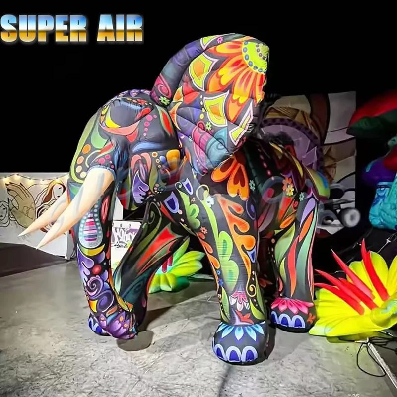 Elefante inflable gigante de 2,5 mH con patrón colorido, mascota animal de la selva, evento, decoración para discoteca, publicidad