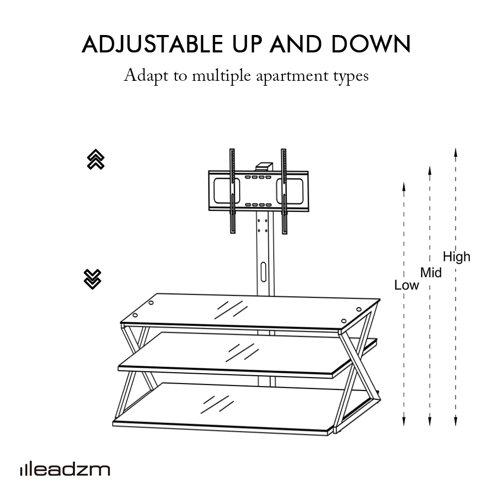 Leadzm TSG001 Угловая напольная подставка для телевизора 32-65 дюймов с поворотным кронштейном, трехъярусные полки из закаленного стекла