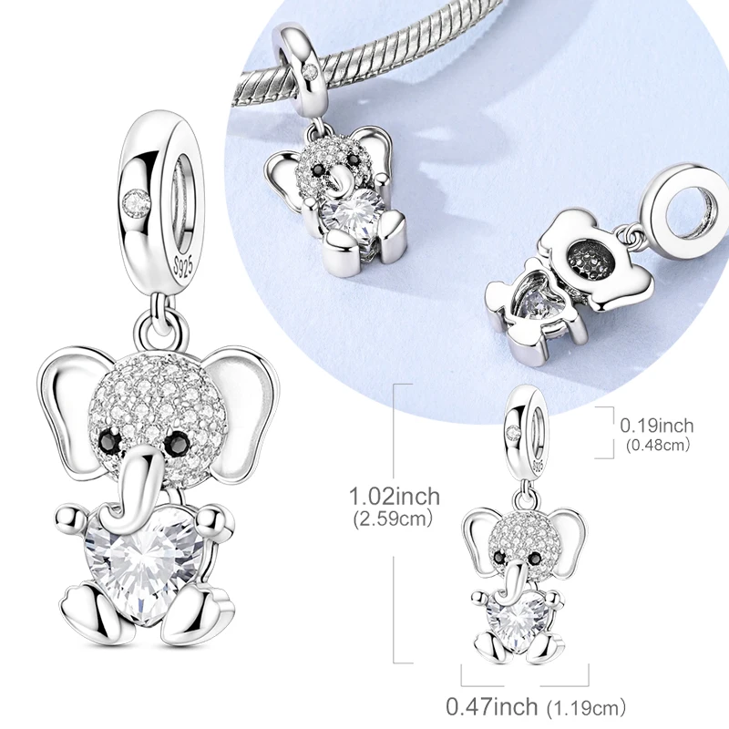 Original 925 Sterling Silver Charms Bead Cute Swing Zircon Elephant Pendant Fit Original Bracelet For Women DIY Jewelry Gift