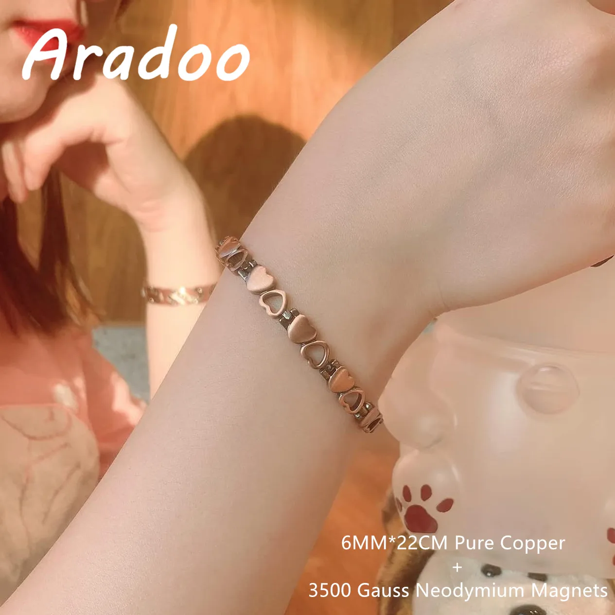 ARADOO Premium Copper Bracelets For Women with 3500 Gauss Neodymium Magnets Love Heart Design Wristband Jewelry Gifts
