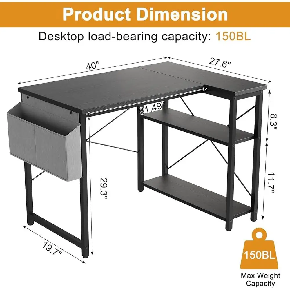 Scrivania a forma di L con ripiani e borsa portaoggetti Tavolo angolare per computer Workstation da gioco Studio per ufficio domestico