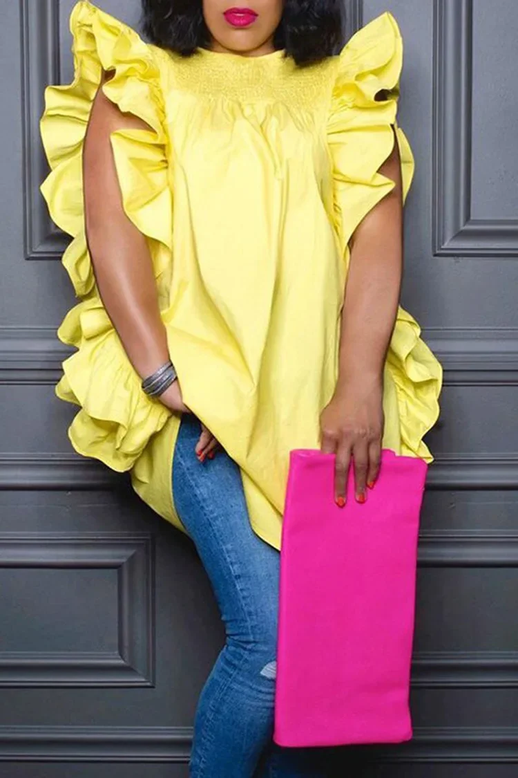 

Women Plus Size Shirt Ruffle Sleeve Stand Collar Sleeveless Loose Solid Casual Elegant Vintage Blouse Top for Women Shirt 2024