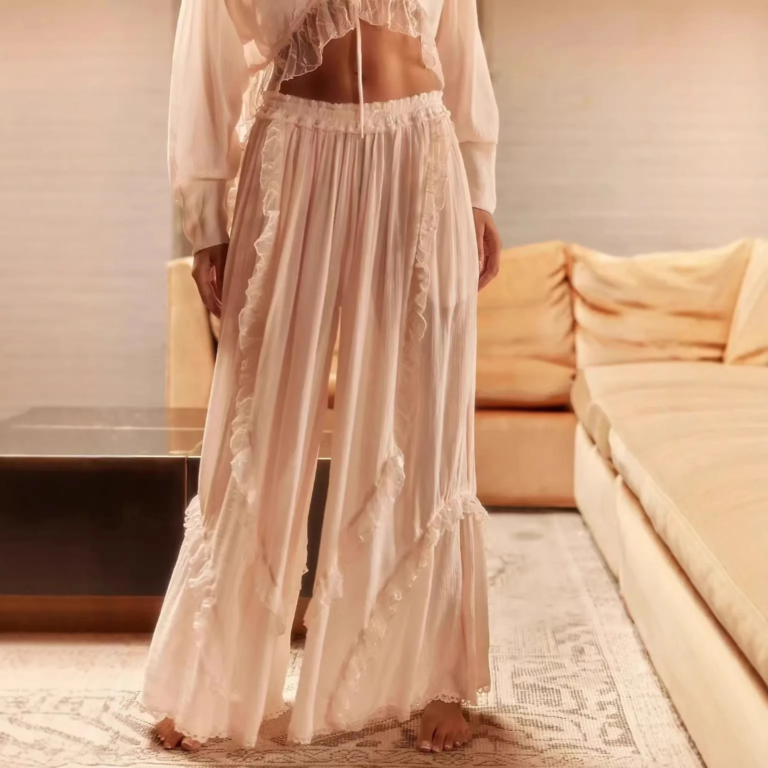 Womens Sexy Pajama Set Lace See Through 2 Piece Lounge Sets Long Sleeve Shirts and Wide Leg Pants Vintage Pj Sets Sleepwear
