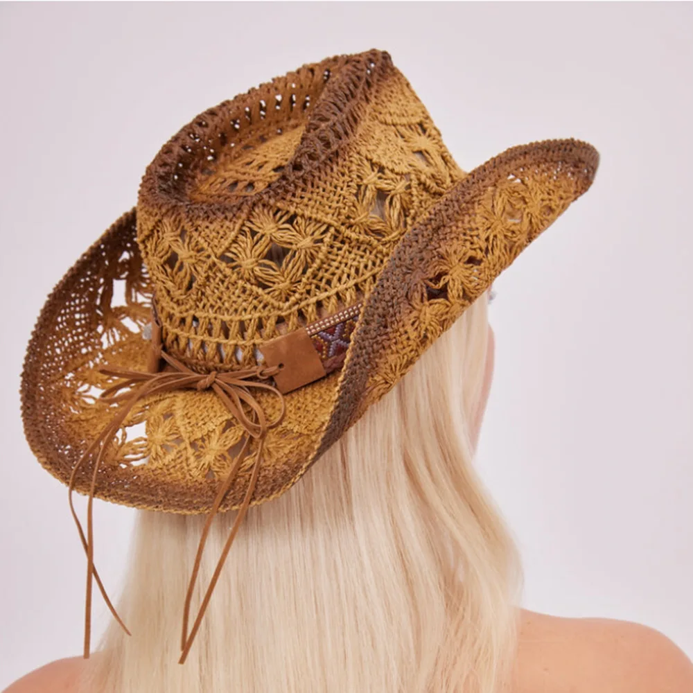 2026 Dyed Iris Cowboy Hat Hollow Straw Hat Bohemian Sun Hat Curved Brim Women Summer Beach Foldable Raffia Weave UV Cap