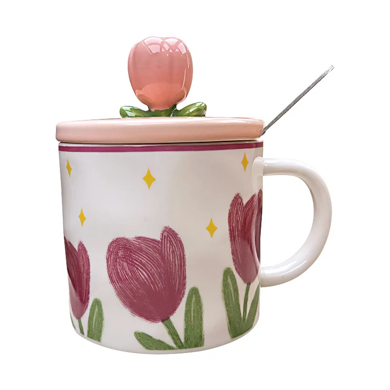 350ml Cute Tulip Water Cup Girl Heart Student Gift Ceramic Cups with Lid Spoon Office Mug High Appearanc Level To Go Coffee Cup