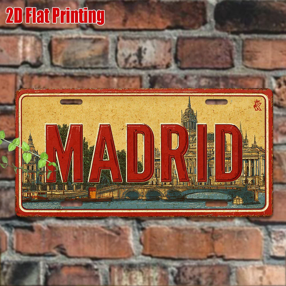 2D Flat, 2D Flat Printing, 1pc, Vintage Metal Sign, Only for decoration, Outdoor Wall Art (29.97cm * 14.99cm), MADRID Aluminum S