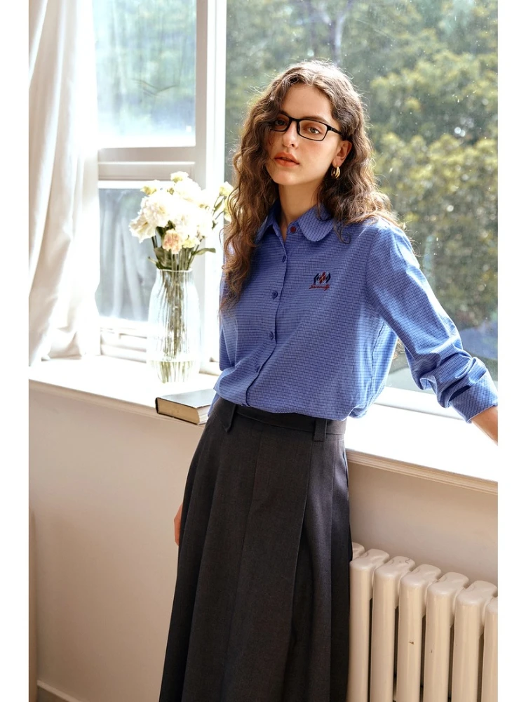 

OLrain Women's Plaid Shirt 2025 Autumn Embroidery Long Sleeve Rounded Point Collar Cotton Shirt Single Breasted Tops O57QC001285