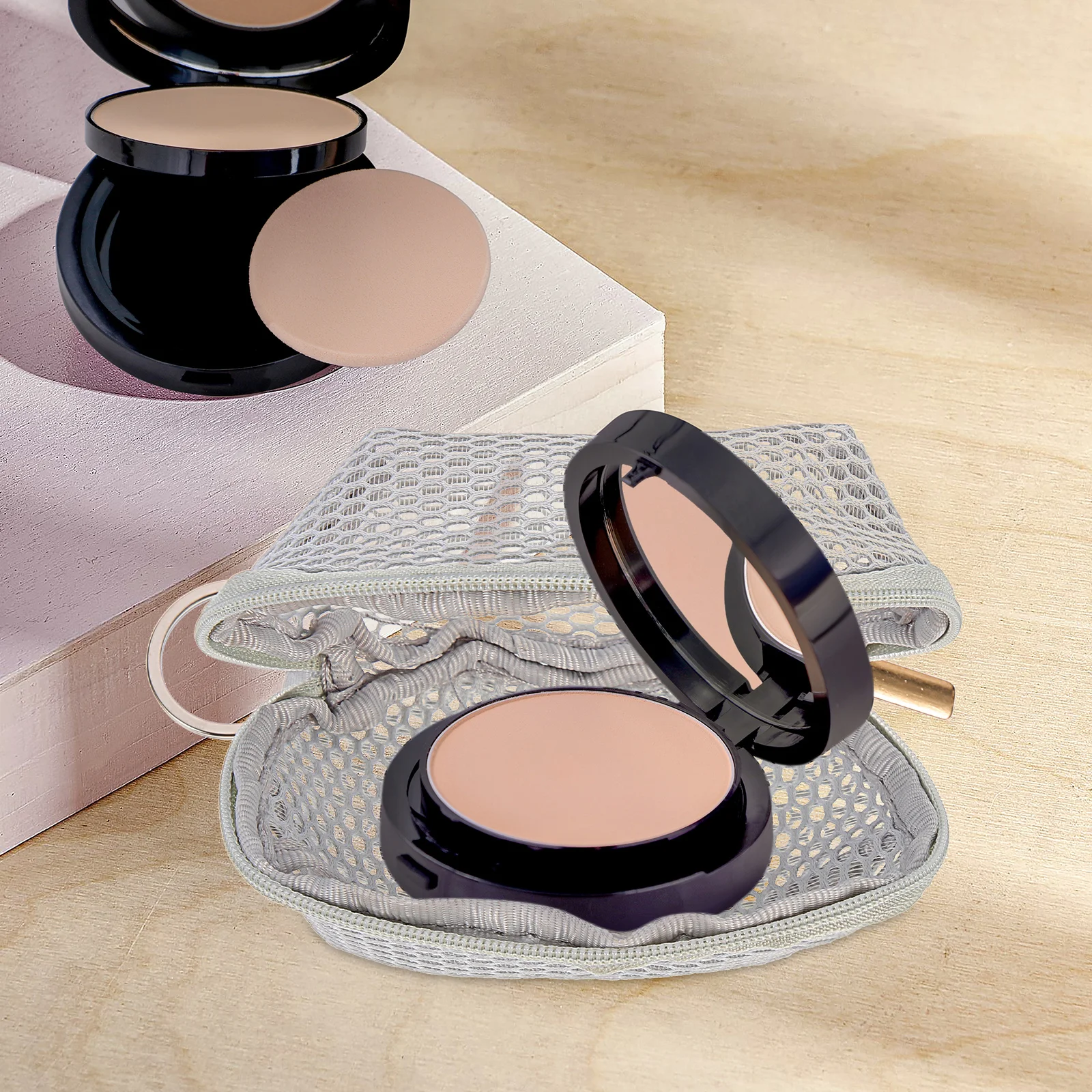 Bolsa de esponja de maquillaje de malla, Mini bolsa de maquillaje portátil con cremallera Premium, bolsa de almacenamiento de cosméticos de viaje, llavero de lápiz labial