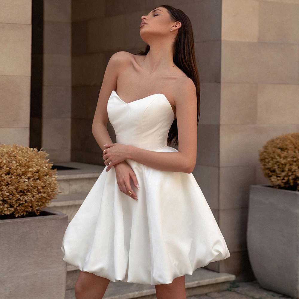 

Satin Wedding Dress Ivory A Line V Neck Puffy Short Wedding Gowns for Women 2024 Bride Sleeveless Backless Bridal Dresses Mini