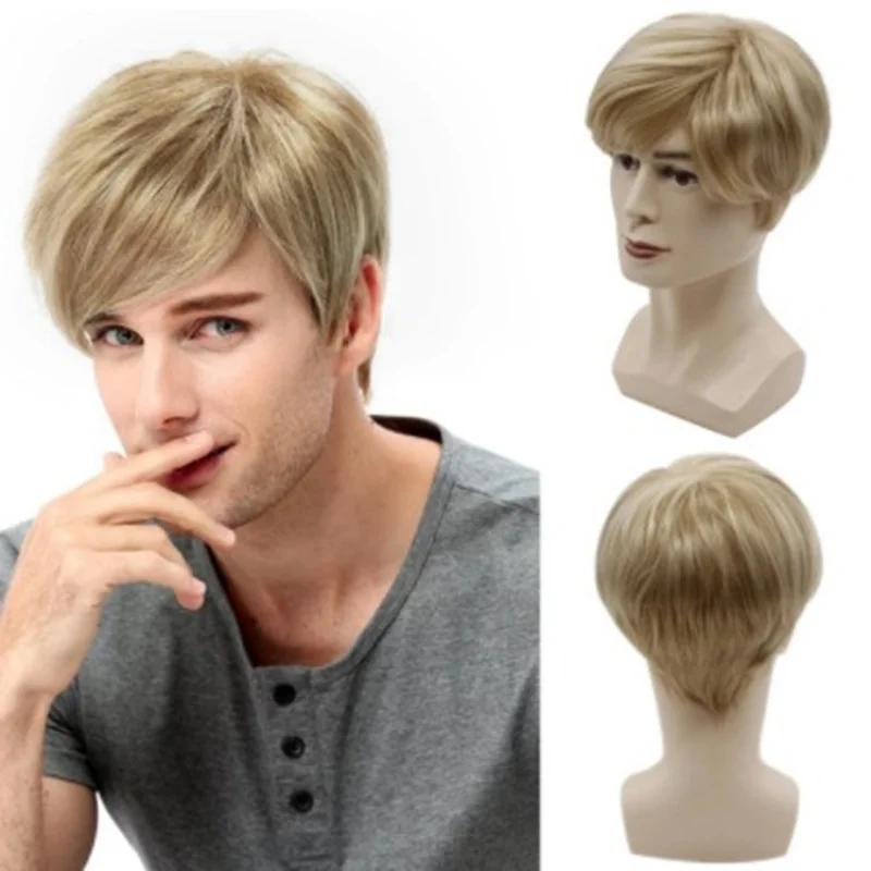 

Men's Wig with Side Bangs, Light Blonde Short Hair, Fashionable Synthetic Hairpiece, European and American Style, Golden Blonde