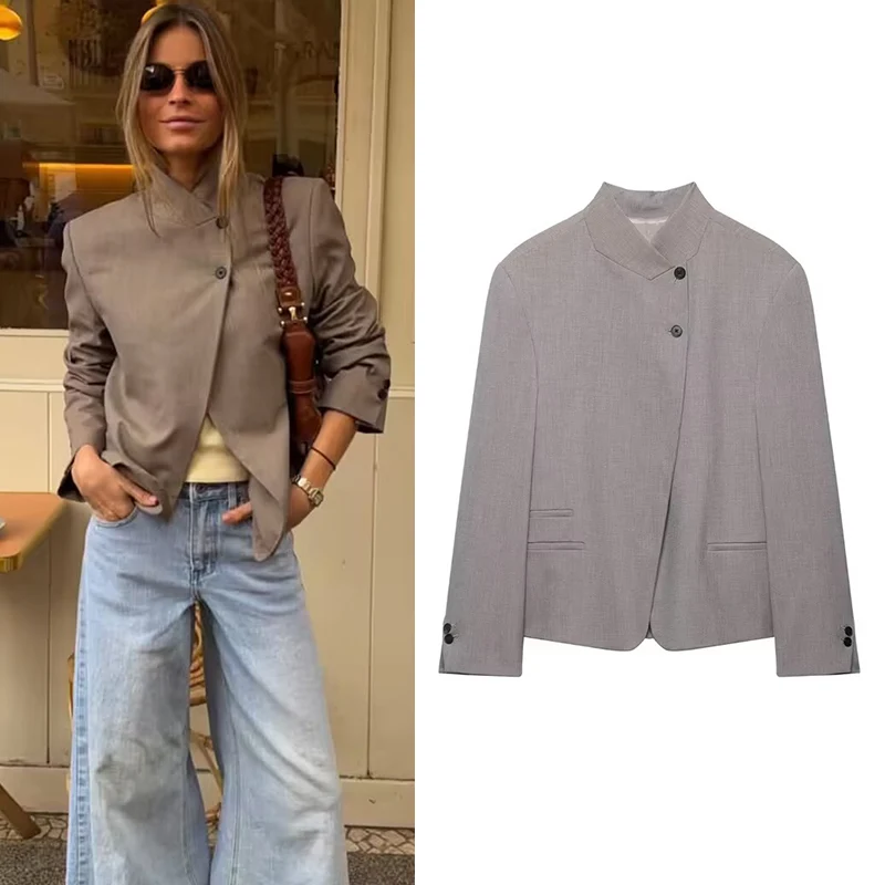 

Women's Blazer Coat Long Sleeve Jackets Grey Single-button Blazer 2026 New Spring Casual Personality Female Outerwear