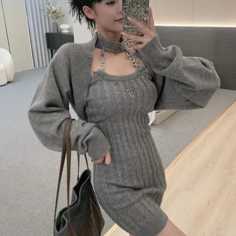 Korean Chunyu Style Knitted Camisole Dress, Spicy Girl Style Set, Hanging Neck Women\'s Dress, Autumn Two-piece Cover Up Top