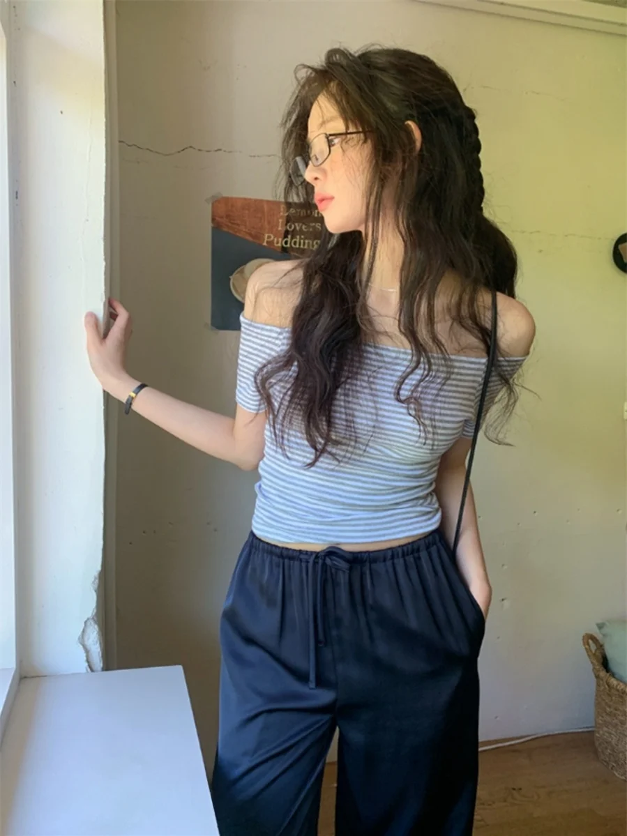 فريدة من نوعها SEI الكورية Sle الشارع الشهير الصيف oulder baring شريط سليم صالح ort Sve تي شيرت علوي عادية تخفيف Faion #4