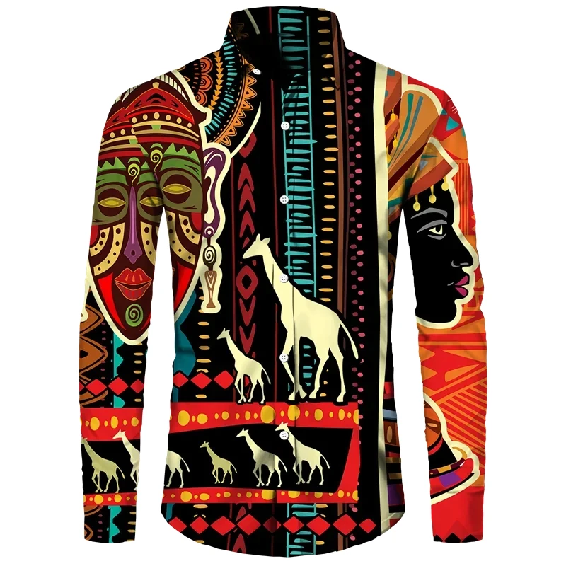 

New Men's Shirt Dashiki African Print Long Sleeve Shirts Tops Traditional Couple Clothes Hip Hop Ethnic Style Streetwear Lapel