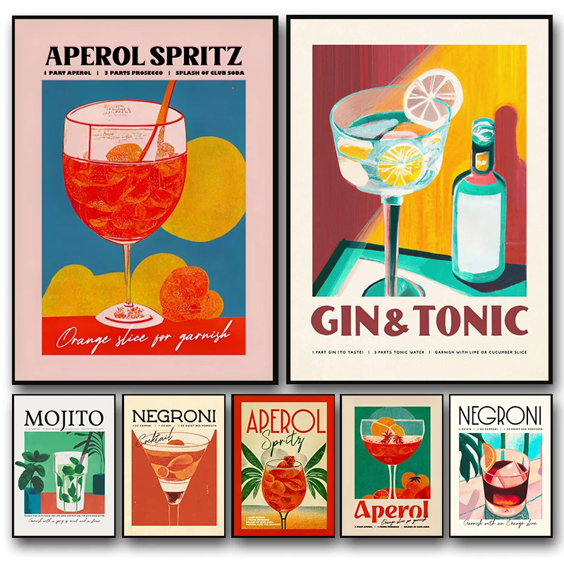 Pósteres y Láminas de Dibujos Animados de Mojito, Aperol Spritz, Jugo de Frutas, Sangría, Negroni, Pintura de Diamantes, Decoración para Club, Bar, Tienda, Hogar