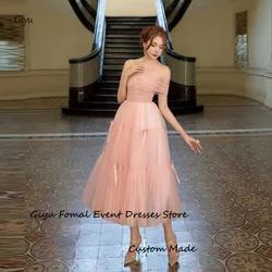 Giyu Blush Pink Tulle Evening Party Dresses With Bolero Tiered Ribbon Tea Length Prom Gowns Formal Event Dress