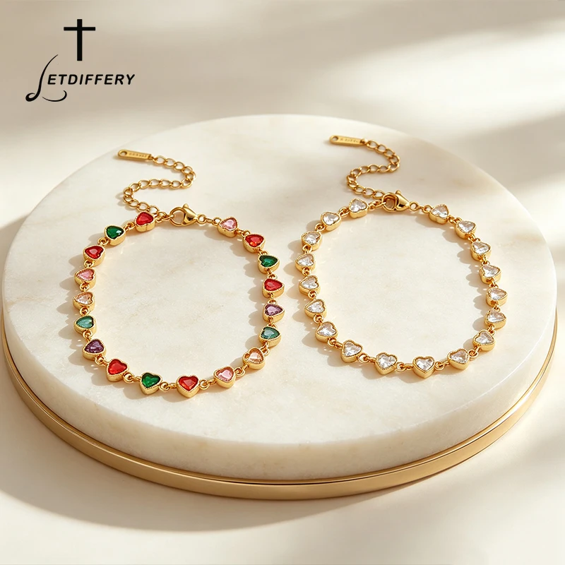 Letdiffery Colorful Heart Zircon Bracelet for Women Gold Plated Stainless Steel Chain Bracelet Multicolor Love Party Jewelry