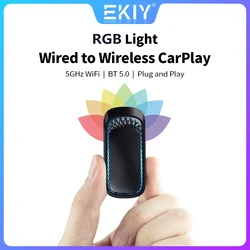 Eyki adaptador carplay sem fio rgb colorido mini caixa inteligente plug and play bluetooth wifi conexão automática para carros apple carplay com fio