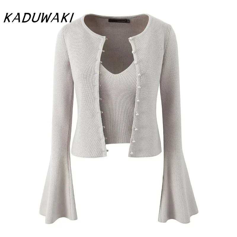 KADUWAKI French Spicy Girl Temperament Pearl Button Flared Sleeve Cardigan Top Large Swing Ruffle Edge Half Skirt Knitted Sets