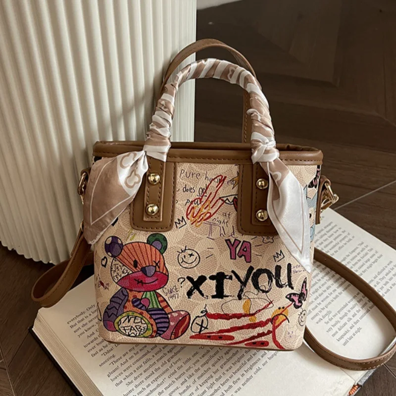 Painted Graffiti Fashion Hand Bag Artistic Crossbody Bags for Women Adjustable Shoulder Strap Female Handbags Bucket Bag