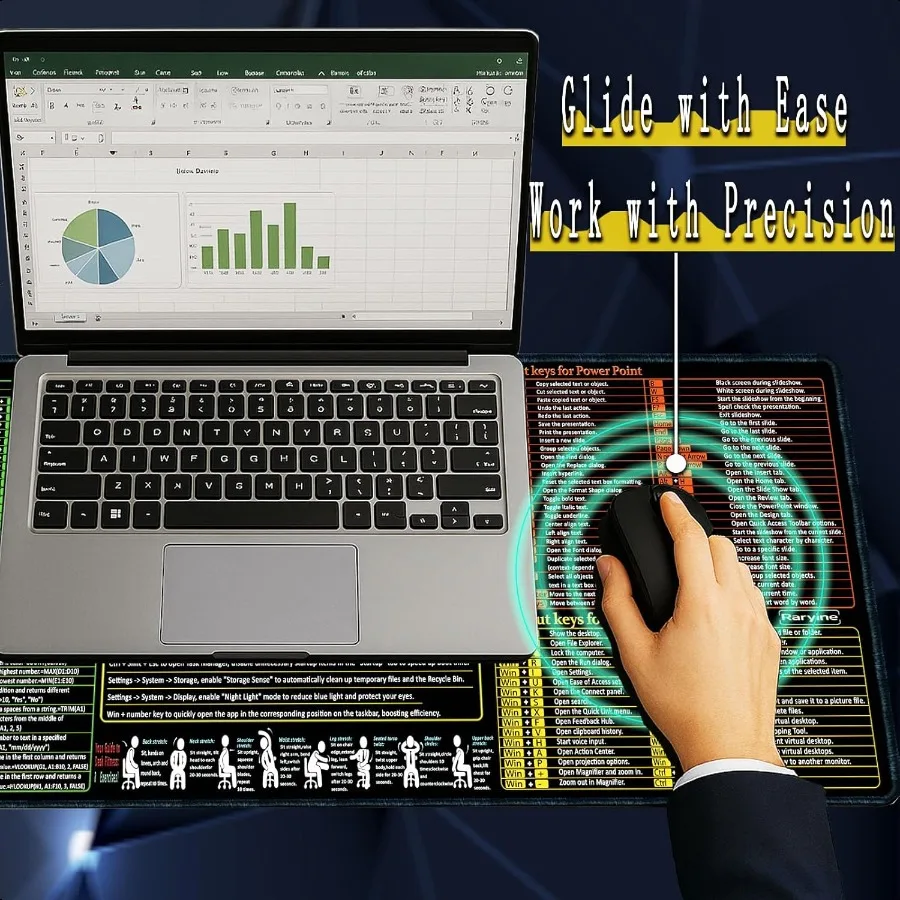 Excel Word Power Point Windows Mouse PadNonSlipWaterproof كبير للألعاب مكتب الكمبيوتر حصيرة مكتبية أكثر من 200 اختصارات لوحة المفاتيح لوحة الماوس