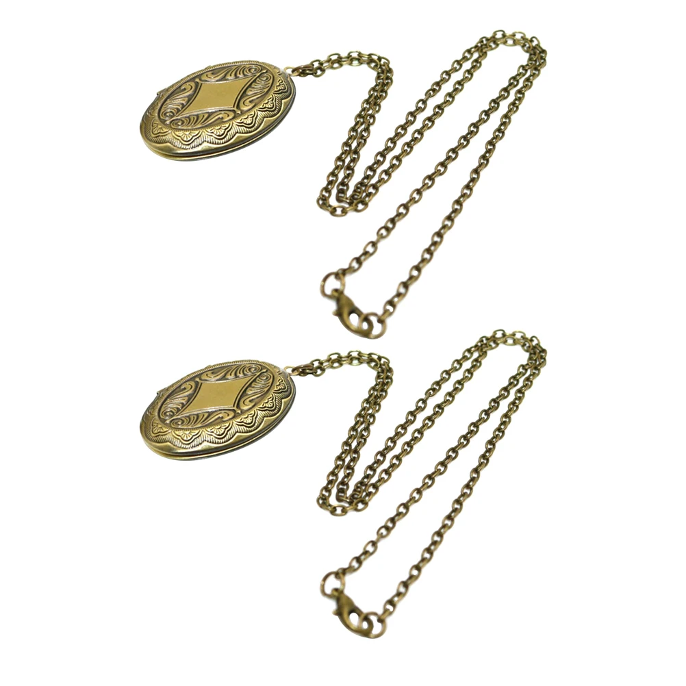

2pcs Oval Pendant Necklace Photo Locket Pictures Memorial Decorative Girls Jewelry Elegant Charm