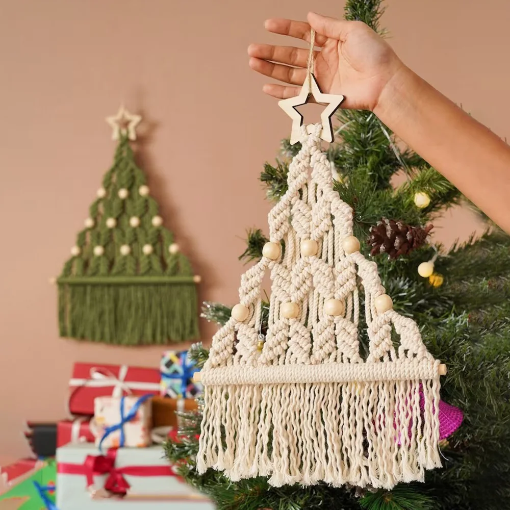 Nordic Christmas Tree Woven Macrame Tapestry Boho Tassel Wall Hanging Living Room Bedroom Home Hotel Garden Decor Decoration