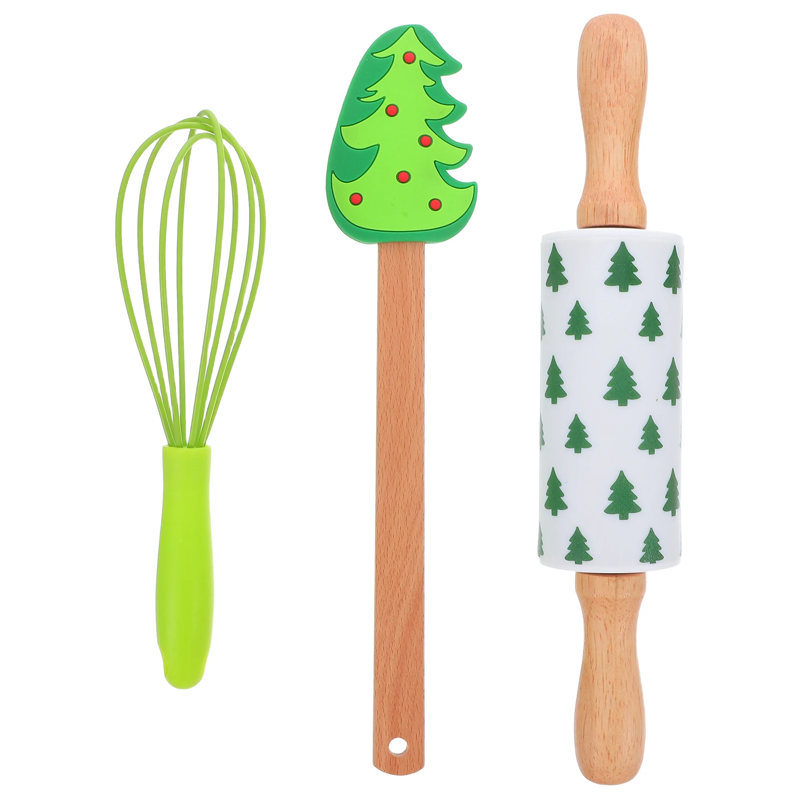 

3Pcs Holiday Baking Set Christmas Themed Silicone Rolling Pin Smooth Mini Whisk Heat Resistant Tools