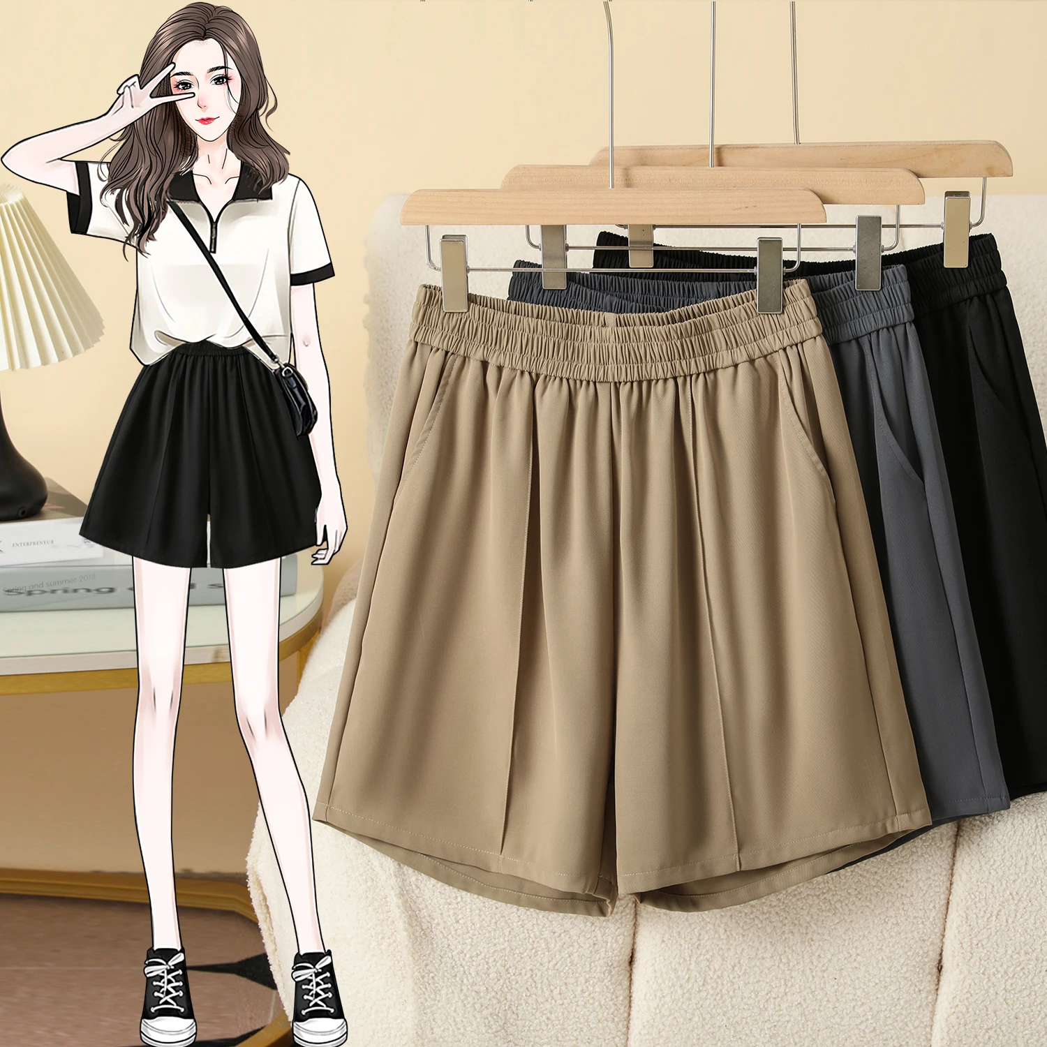 2026 Elastic High Waist  A-Line Suit Shorts Women's Fashion Summer New Wide Leg Loose Short Pants Casual Sports Pants