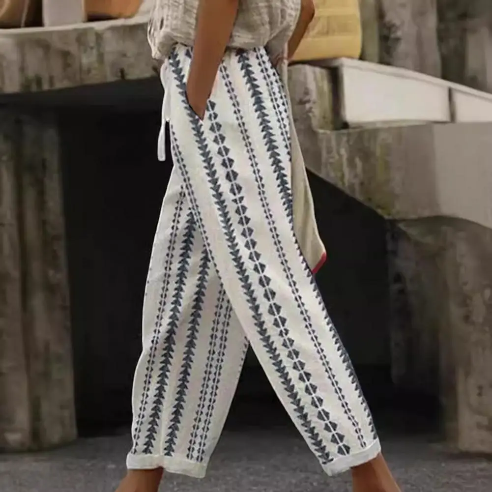 

Casual Loose Fit Trousers with Elastic Waist Geometric Pattern Women's Harem Pants Elastic Waist Drawstring Beach Trousers