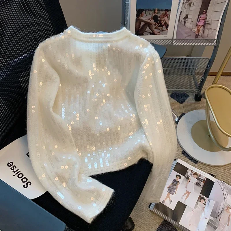 High-End White Sequined Knitted Cardigan Coat Women 2023 Spring and Autumn New Elegant Short Socialite Sweater Jacket Top Female