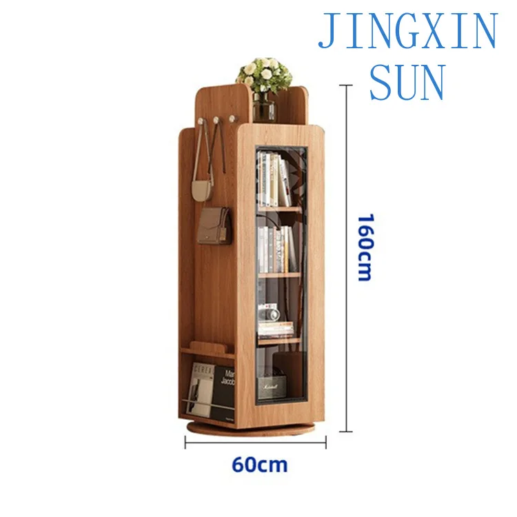 Solid wood rotating bookcase 360 degree log with door magazine picture book rack floor corner vertical cabinet living room