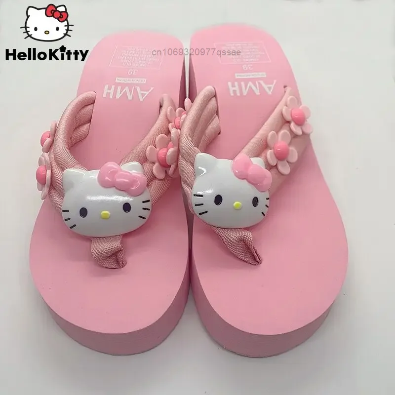 Sanrio Hello Kitty Summer Pink Wedges Flip Flops for Women Y2k Sweet Thick Bottom Anti-slip Slippers Casual Holiday Beach Shoes